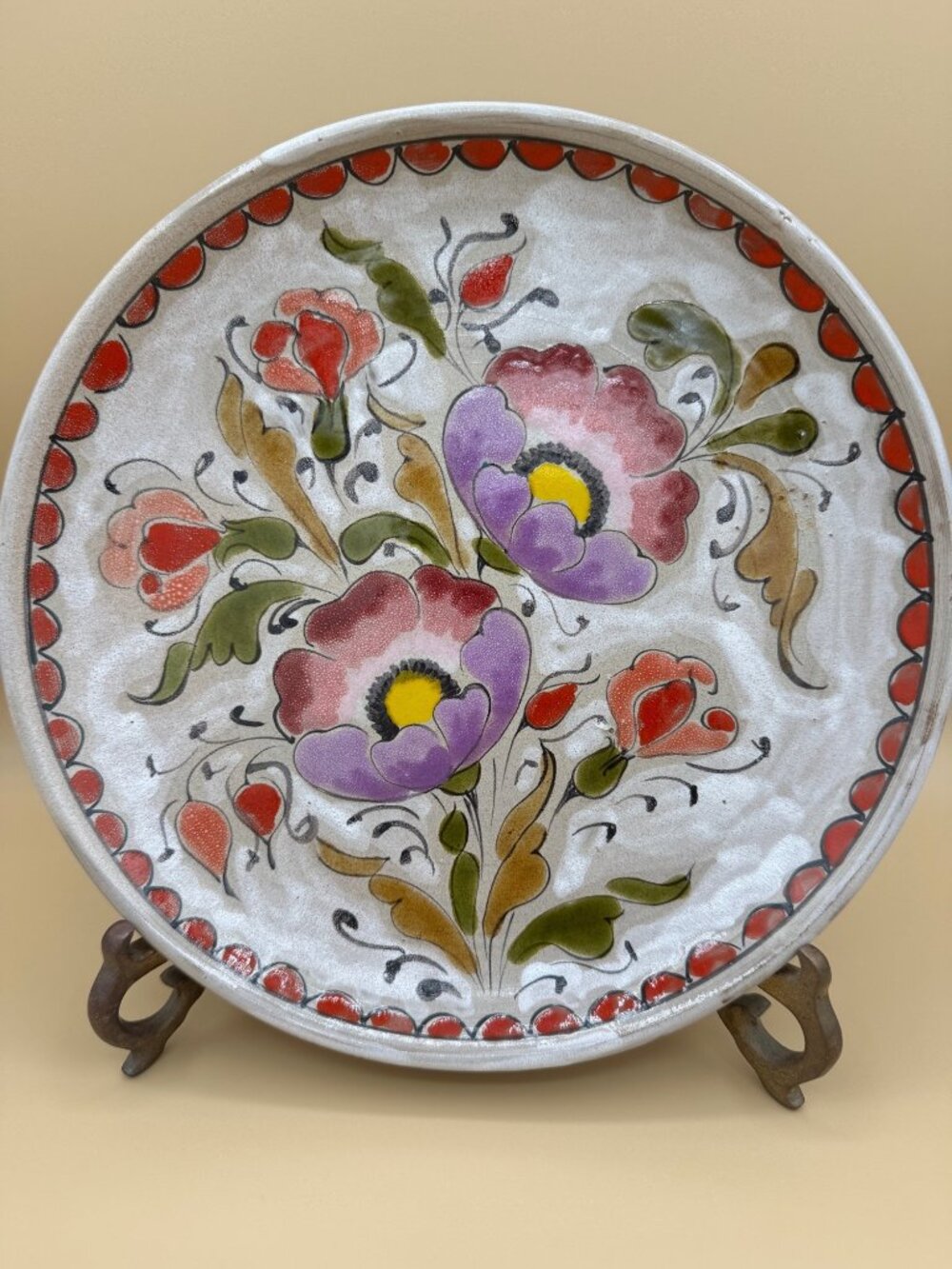 Signed Elio Schiavon Italian Studio Pottery Floral Ceramic Plate Hand Painted 10